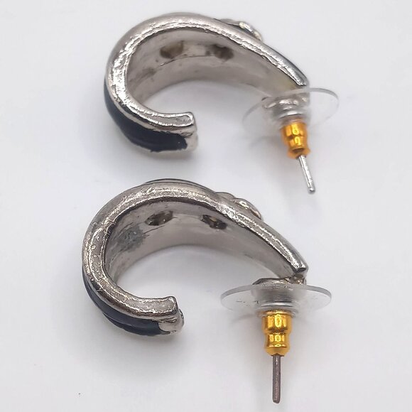 Panther Earrings Black Enamel Silver-Tone Pierced Back Open Half Hoop 1"Earrings - Picture 5 of 11